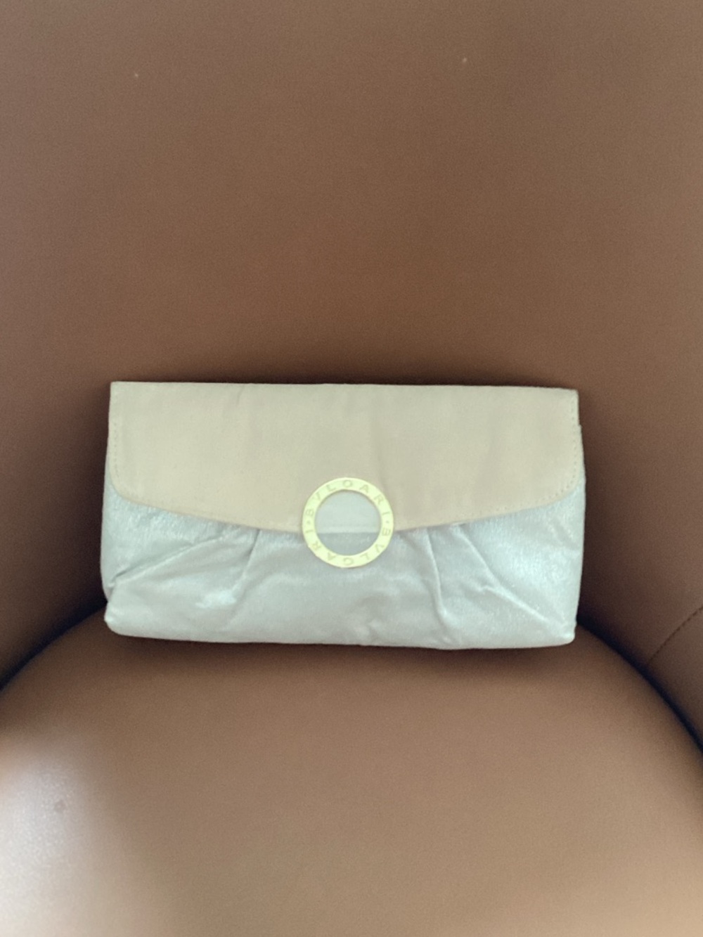 Bulgari Cream and Beige Leather Fold-Over Clutch with Gold Ring Detail